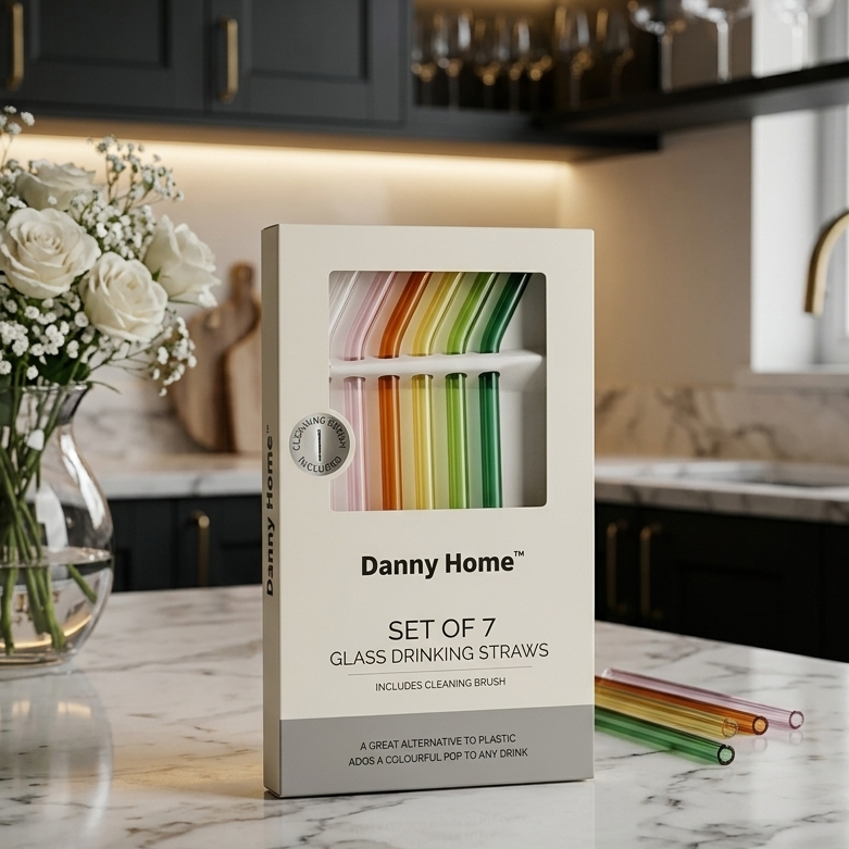 Danny Home 7Pcs glass drinking straws set in original box packaging