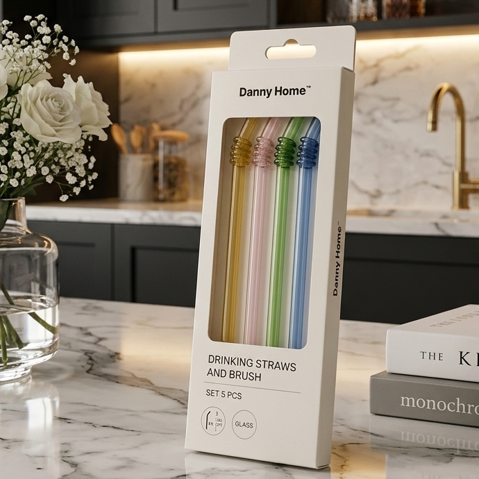 Danny Home 5-piece reusable glass drinking straws set in original box packaging