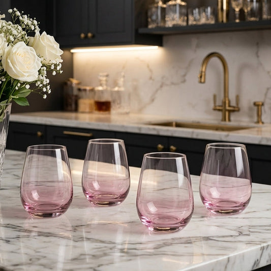 Danny Home Rose Pink Gradient Glassware Set 330ml pack of 4 on a marble dining counter