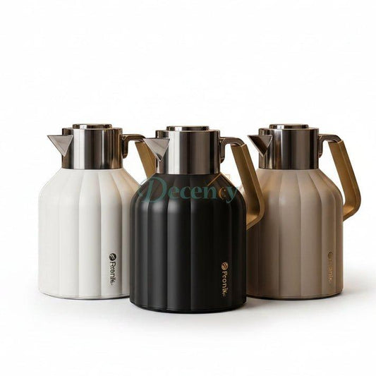 Day 2 Days 1 Litre vacuum flasks set in white, matte black, and beige on a marble kitchen counter