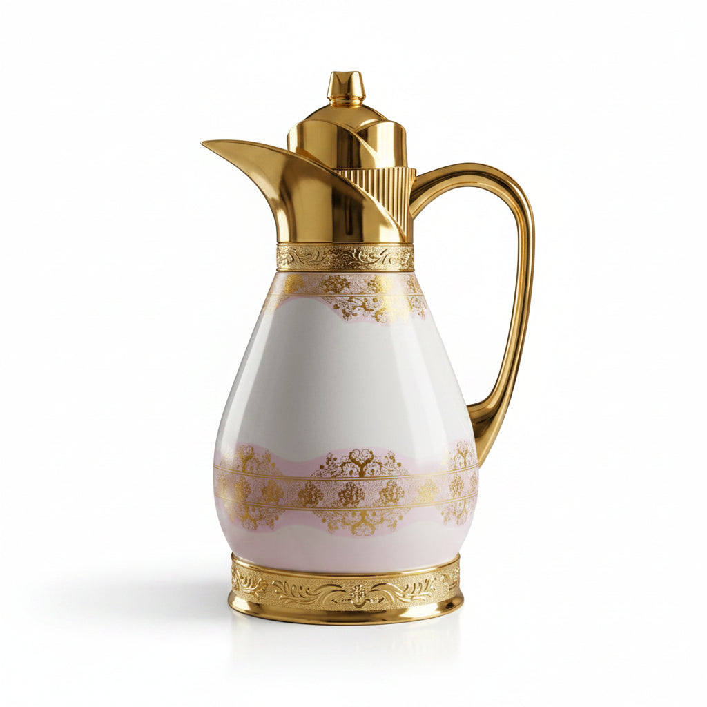 Day Days 1 litre inner glass vacuum flask in white, pink, and gold on a marble kitchen island