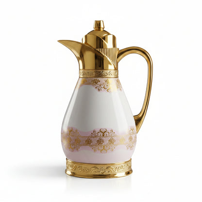 Day Days 1 litre inner glass vacuum flask in white, pink, and gold on a marble kitchen island