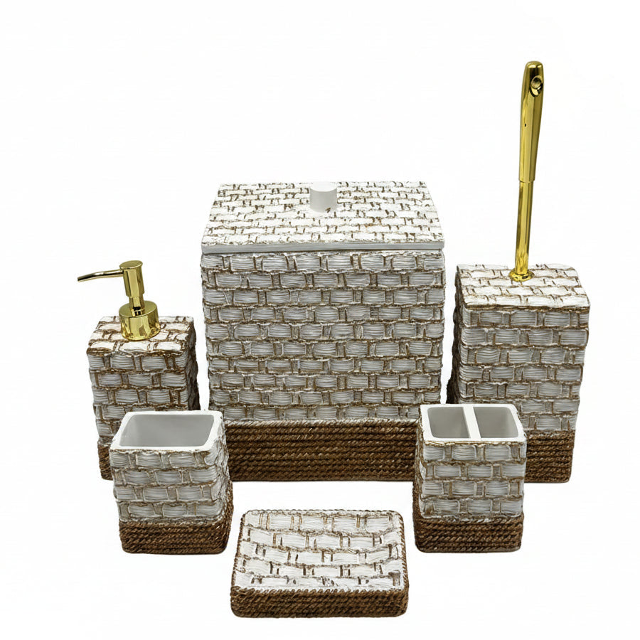 Decency 6-piece luxury gold and white textured bathroom accessories set displayed on a elegant marble countertop.