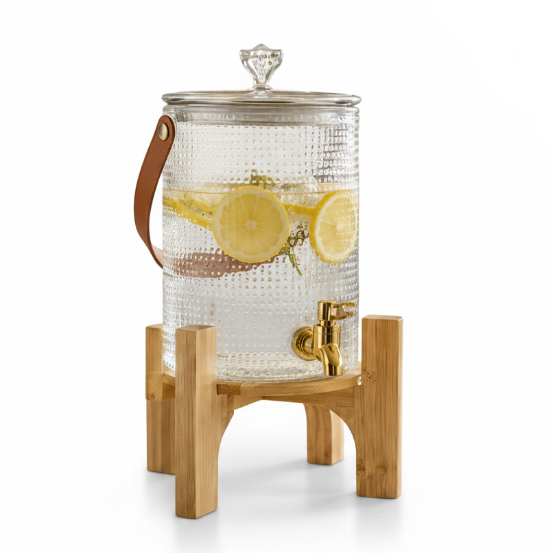 Decency luxury glass drink dispenser with a polished wooden base and elegant gold tap placed on a modern kitchen counter.