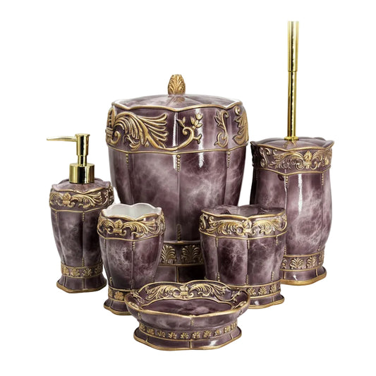 Decency Antique Victoria 6-piece ceramic bathroom set in purple marble pattern displayed on a modern bathroom counter.