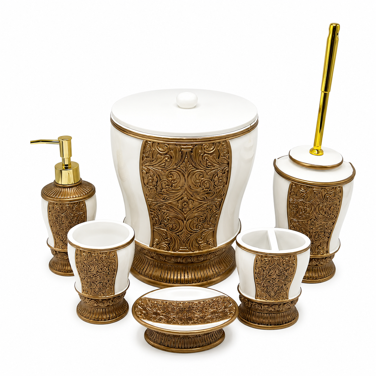 Decency premium 6-piece golden Victorian-style bathroom accessory set displayed on a luxury white marble countertop.