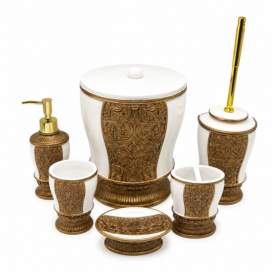 Decency premium 6-piece golden Victorian-style bathroom accessory set displayed on a luxury white marble countertop.