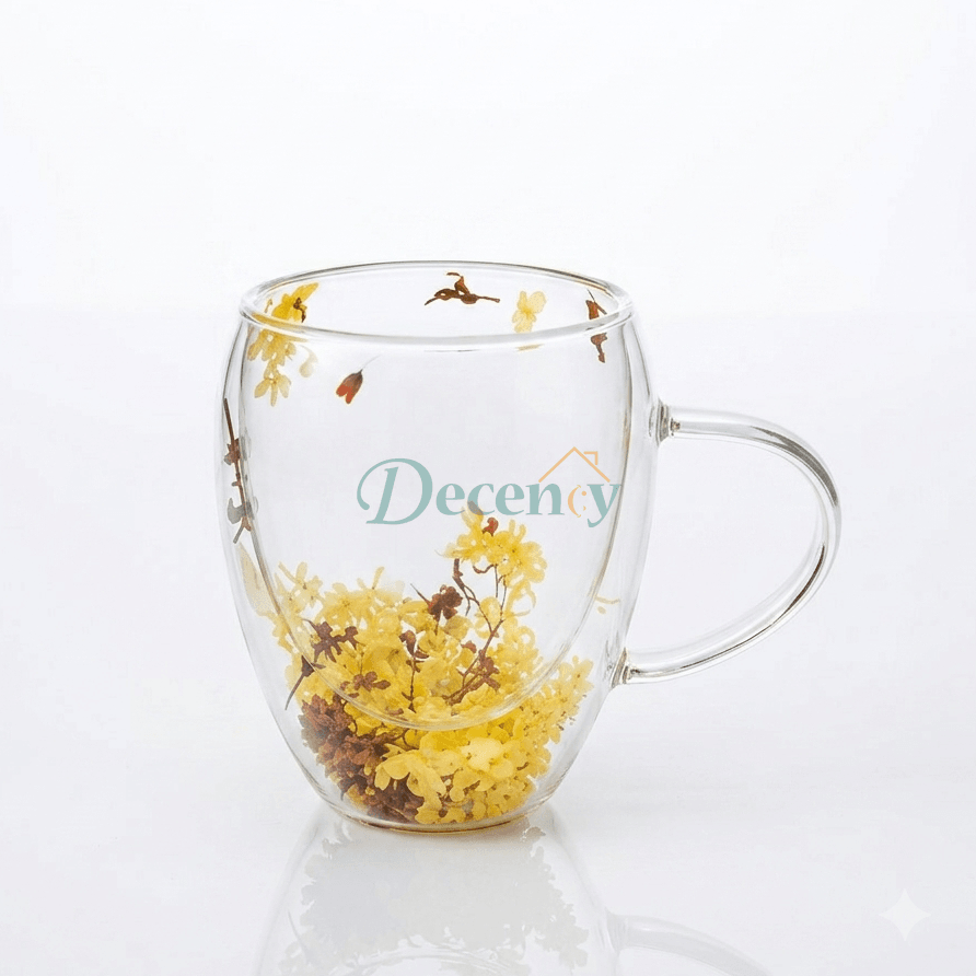 Double wall glass coffee mug filled with real dried yellow flowers on a wooden table.
