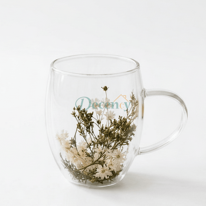 Front view of Double Wall Glass Coffee Mug with Floral Whisper dried flowers sealed inside.