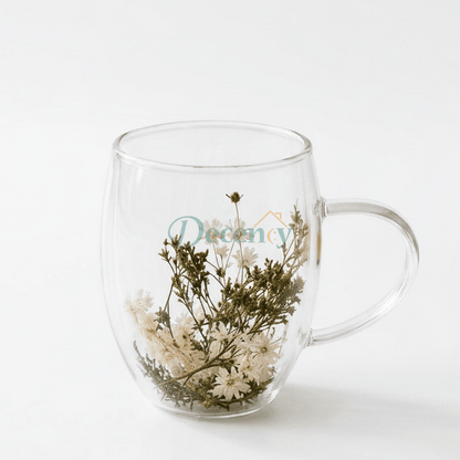 Front view of Double Wall Glass Coffee Mug with Floral Whisper dried flowers sealed inside.