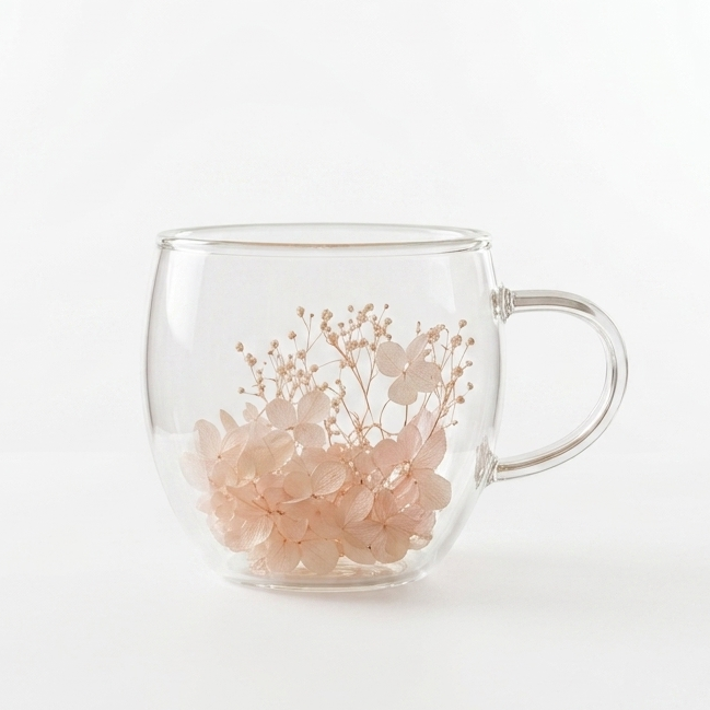 250ml double wall glass coffee mug featuring encapsulated floating pink flowers and decorative pearl