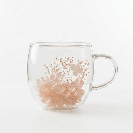 250ml double wall glass coffee mug featuring encapsulated floating pink flowers and decorative pearl