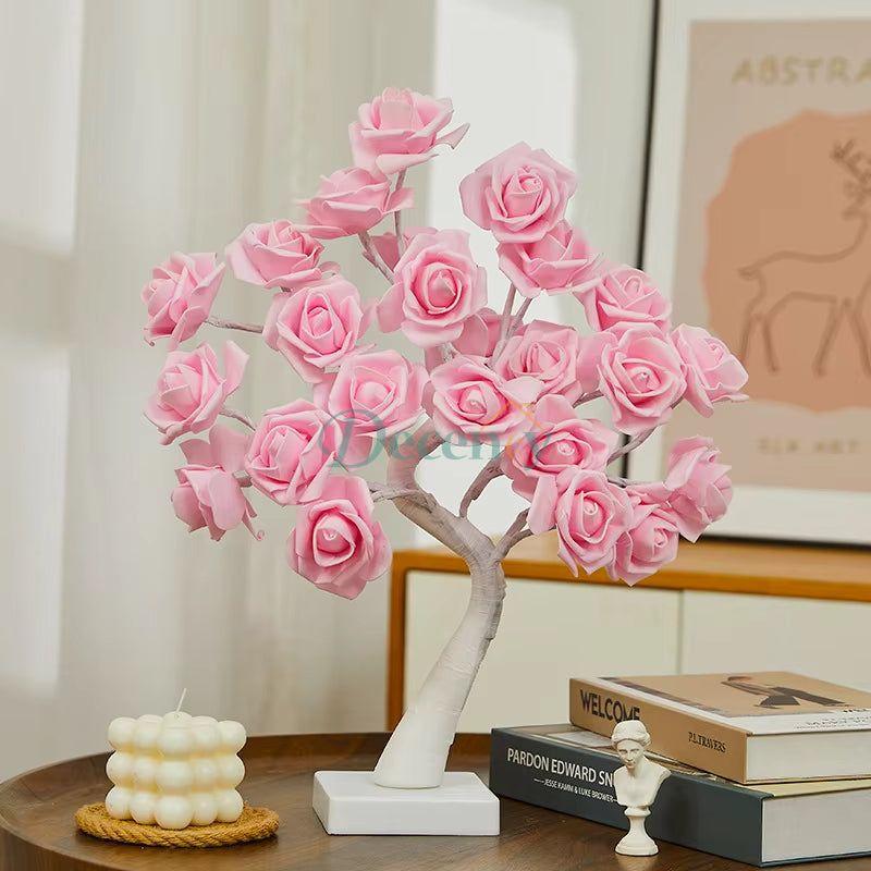 rose bonsai lamp, desktop tree lamp, LED flower lamp, decorative night light, artificial bonsai tree light, romantic bedside lamp, rose blossom light tree