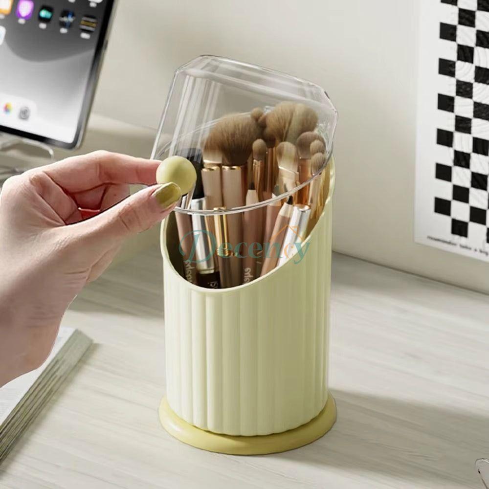 "Large capacity makeup brush storage box with dust-proof lid and multi-slot compartments for organizing cosmetic tools"