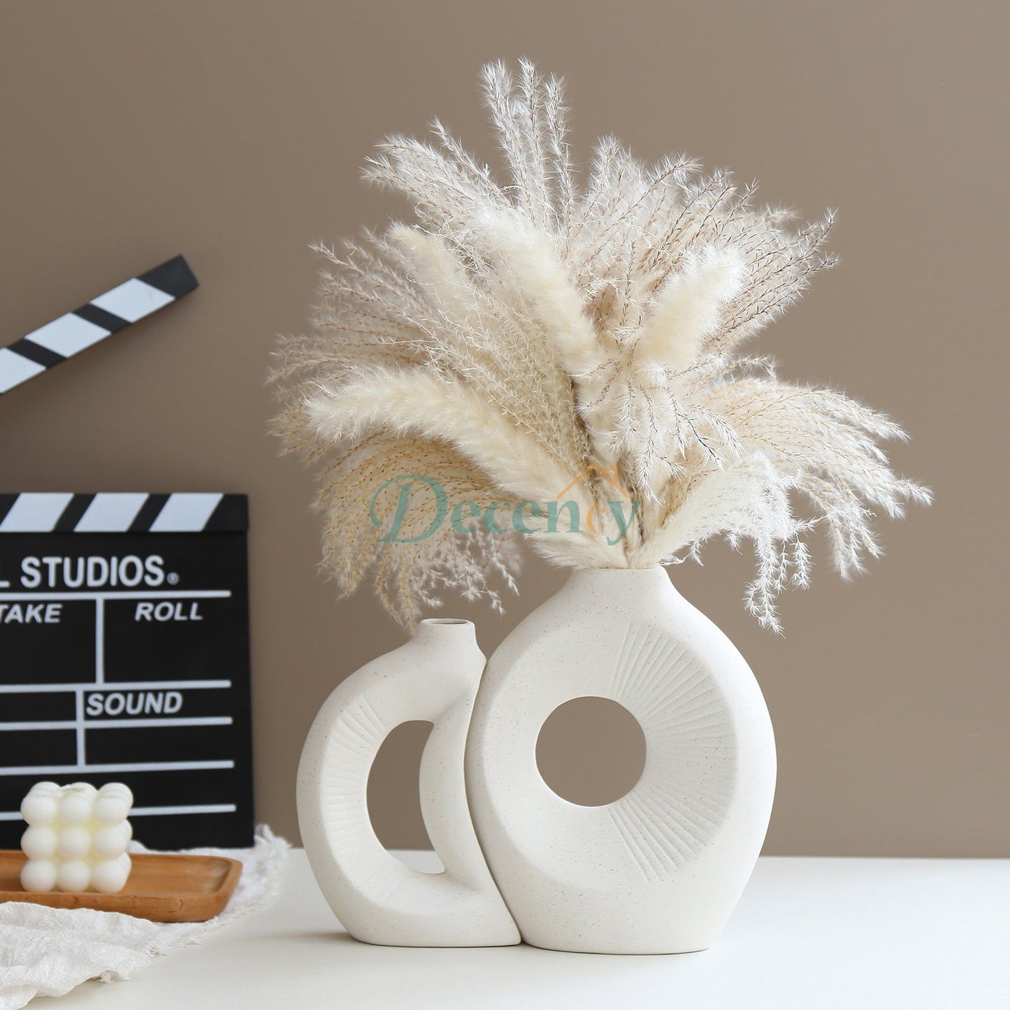 2 Pcs White Sun and Moon Ceramic Vase Set