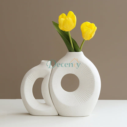 2 Pcs White Sun and Moon Ceramic Vase Set