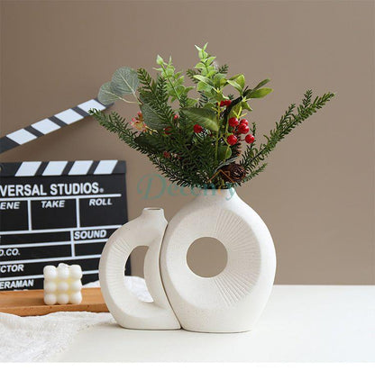 2 Pcs White Sun and Moon Ceramic Vase Set