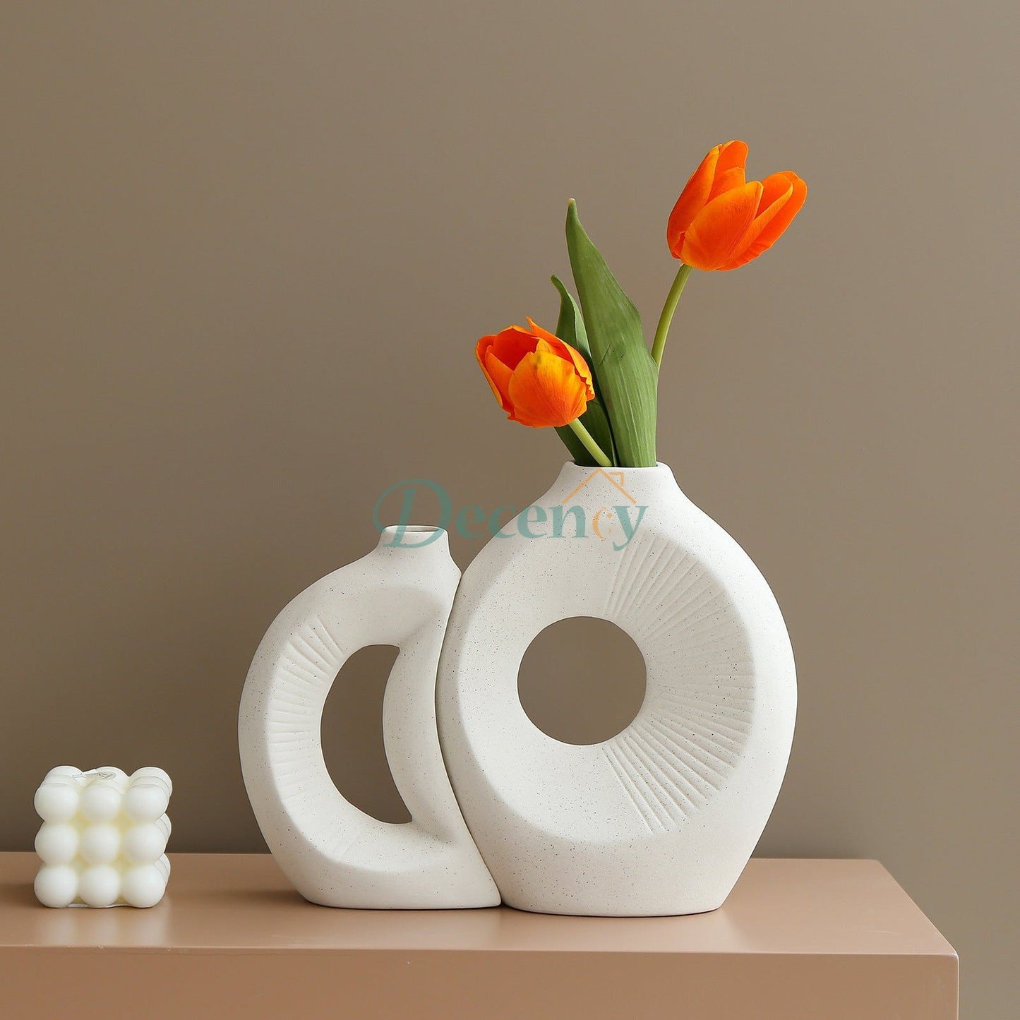 2 Pcs White Sun and Moon Ceramic Vase Set