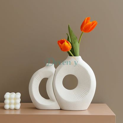 2 Pcs White Sun and Moon Ceramic Vase Set