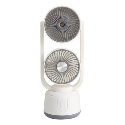 Dual-head 2-in-1 rechargeable cooling mist fan on a clean white background