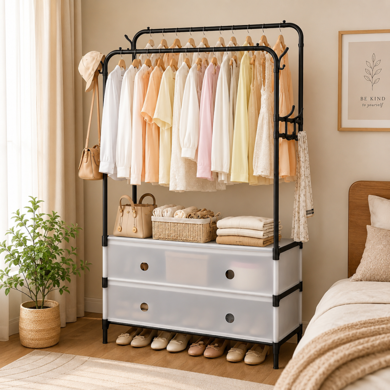 Front view of a dual pole clothes rack with a bottom shoe storage shelf displaying hung garments.