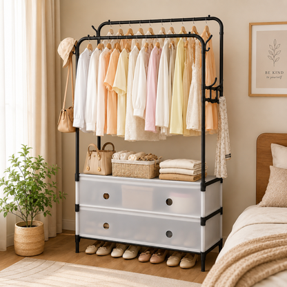 Front view of a dual pole clothes rack with a bottom shoe storage shelf displaying hung garments.