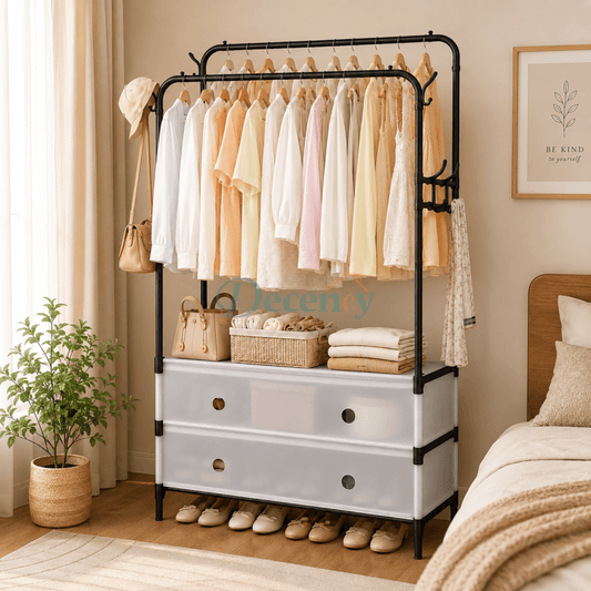 Front view of a dual pole clothes rack with a bottom shoe storage shelf displaying hung garments.