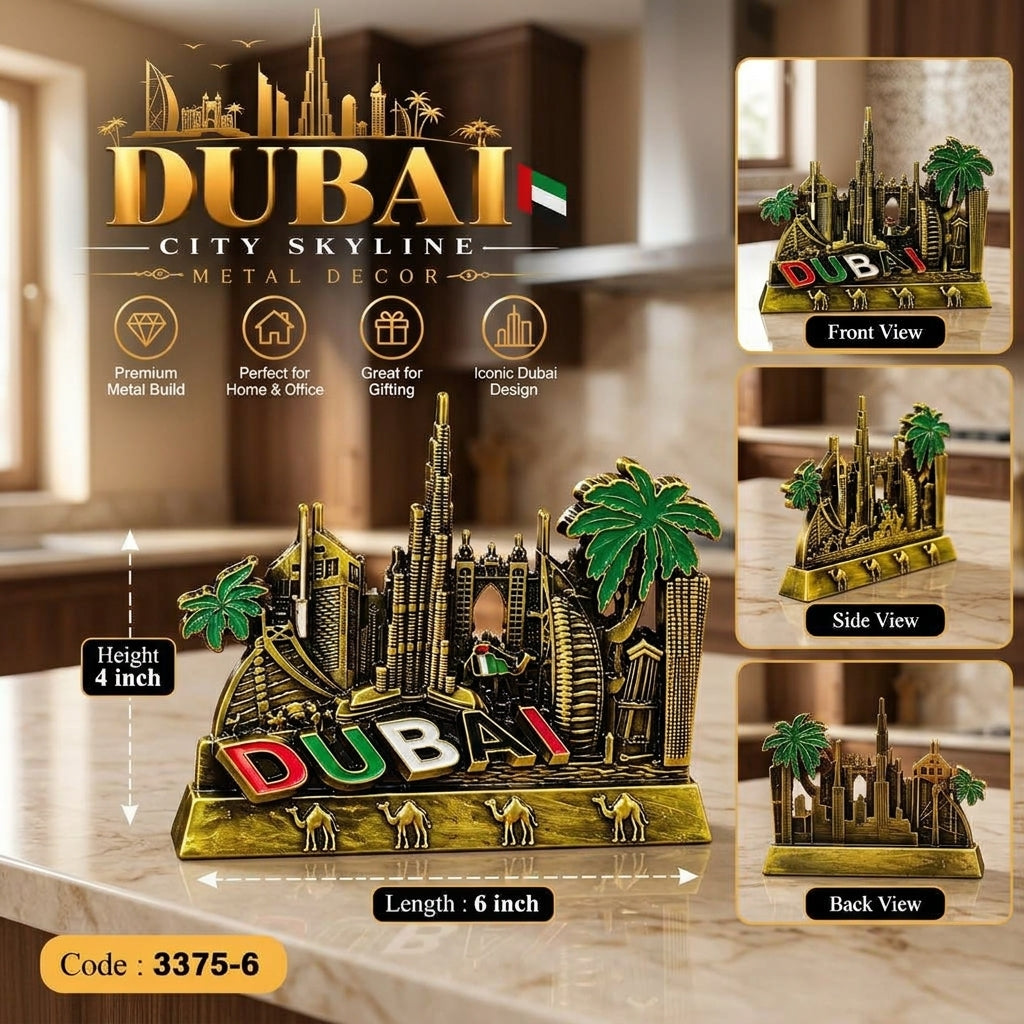 Golden 3D Dubai City Skyline metal decor piece featuring Burj Khalifa on marble table