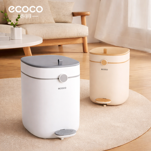 White and beige Ecoco 12L pedal dustbins placed on a round rug in a modern living room setting