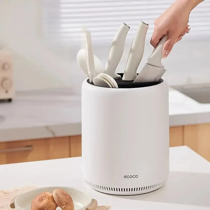 Front view of Ecoco 360 rotating knife holder and utensil organizer on a clean kitchen countertop.