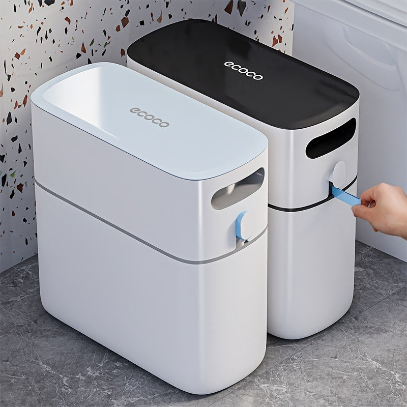 Ecoco 8L modern trash cans in white and black with push button lids side by side