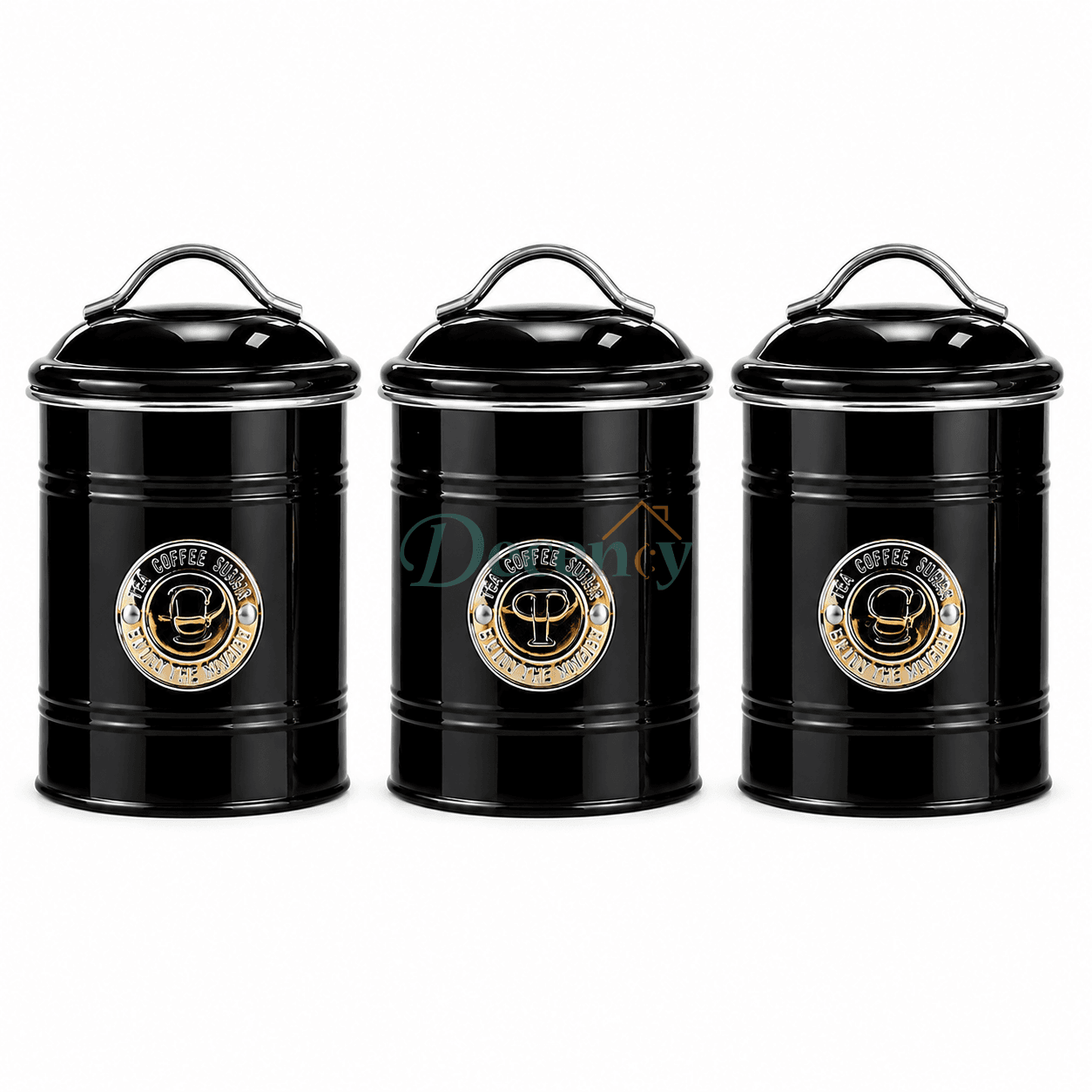 Elite 3-piece airtight metal canister set in matte black for kitchen organization.