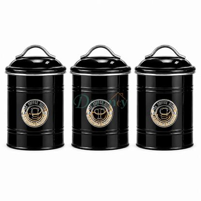 Elite 3-piece airtight metal canister set in matte black for kitchen organization.
