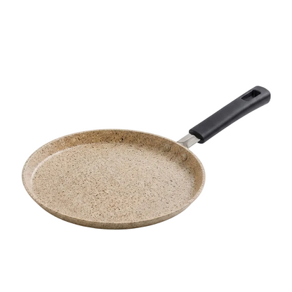 Stacked Falez non-stick granite cookware pots with tempered glass lids on a wooden countertop.