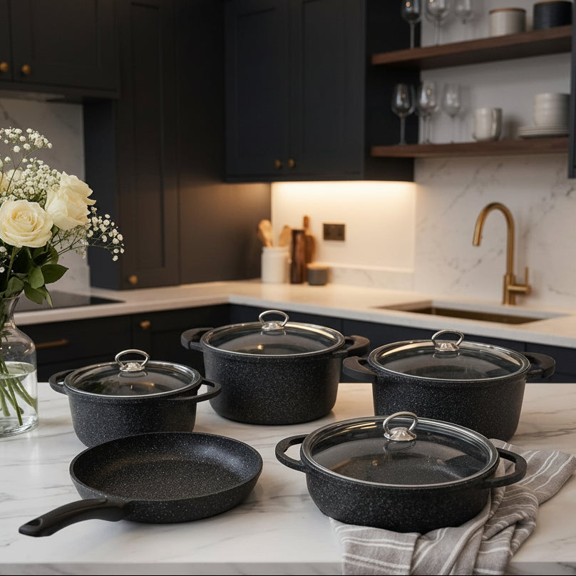 Falez Prestige 9-piece non-stick granite cookware set in Luxe Black edition displayed together.