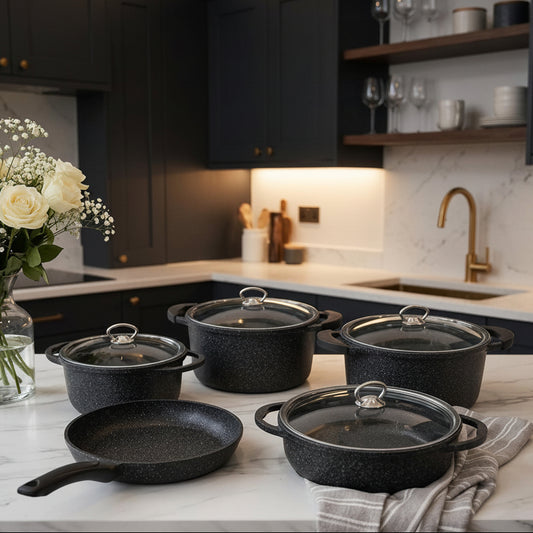 Falez Prestige 9-piece non-stick granite cookware set in Luxe Black edition displayed together.
