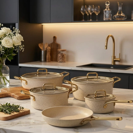Falez Turkish 9-piece granite cookware set in black and gold design