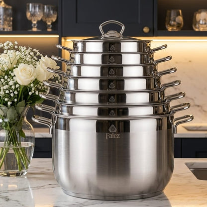 Falez premium Turkish stainless steel cooking pot with tempered glass lid.