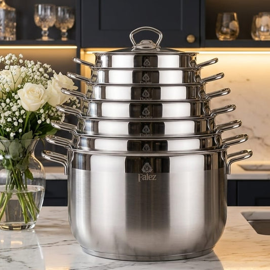 Falez premium Turkish stainless steel cooking pot with tempered glass lid.