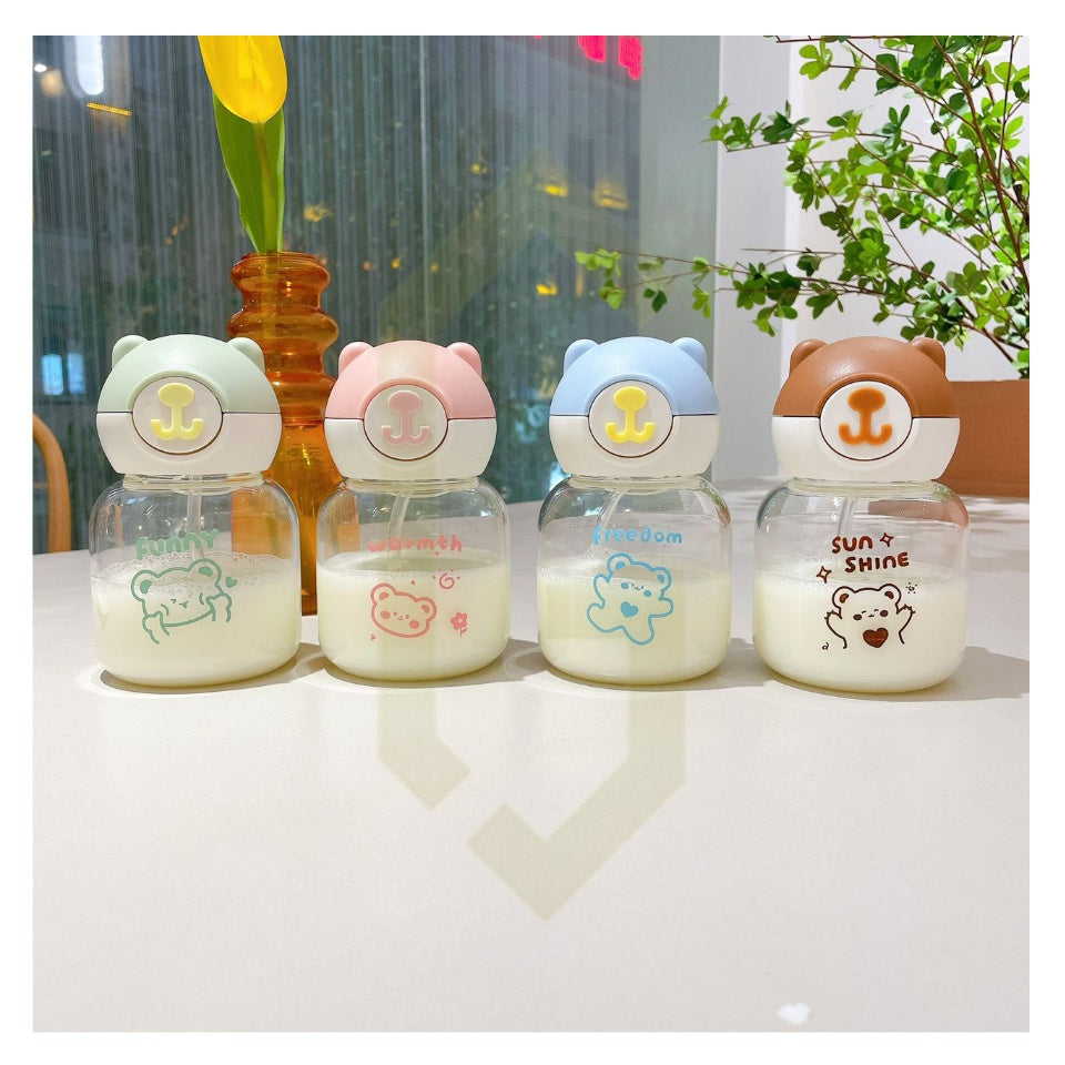 Cartoon Cute Bear Glass Water Bottle with Straw with Strap