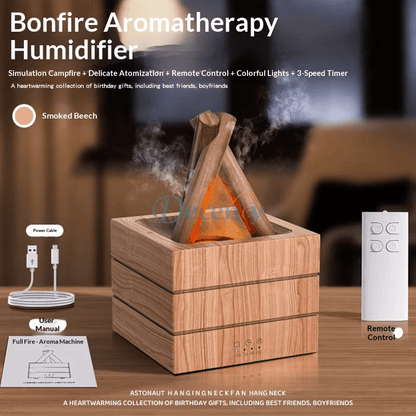 USB flame aroma diffuser and humidifier showing a realistic orange flame mist effect on a bedside table