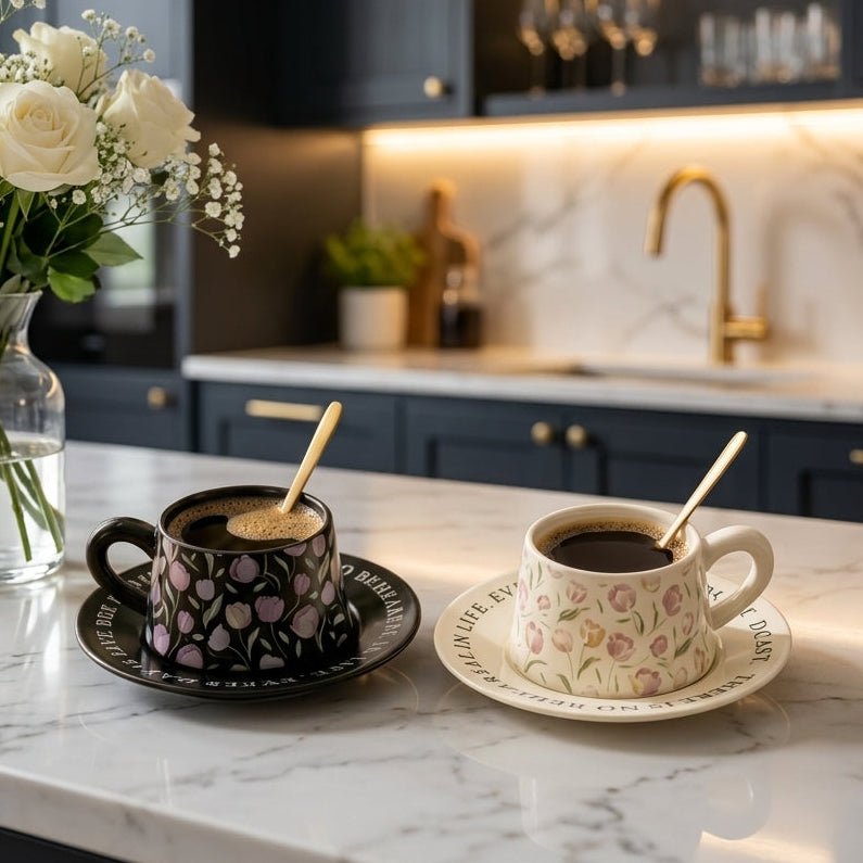 Black and white floral ceramic tea cup and saucer sets with gold spoons on a marble kitchen counter