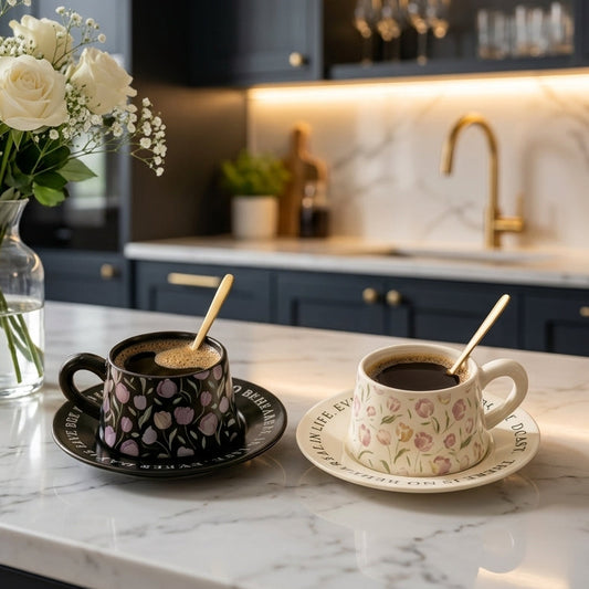 Black and white floral ceramic tea cup and saucer sets with gold spoons on a marble kitchen counter