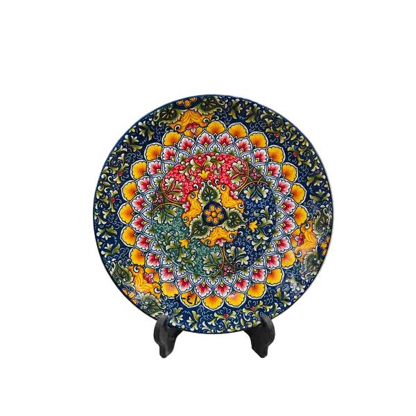 Front view of an 8 inch decorative floral ceramic dessert plate on a wooden table