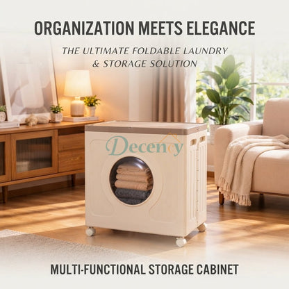Foldable 160L laundry storage box with wheels placed in a modern living room setup in Pakistan.