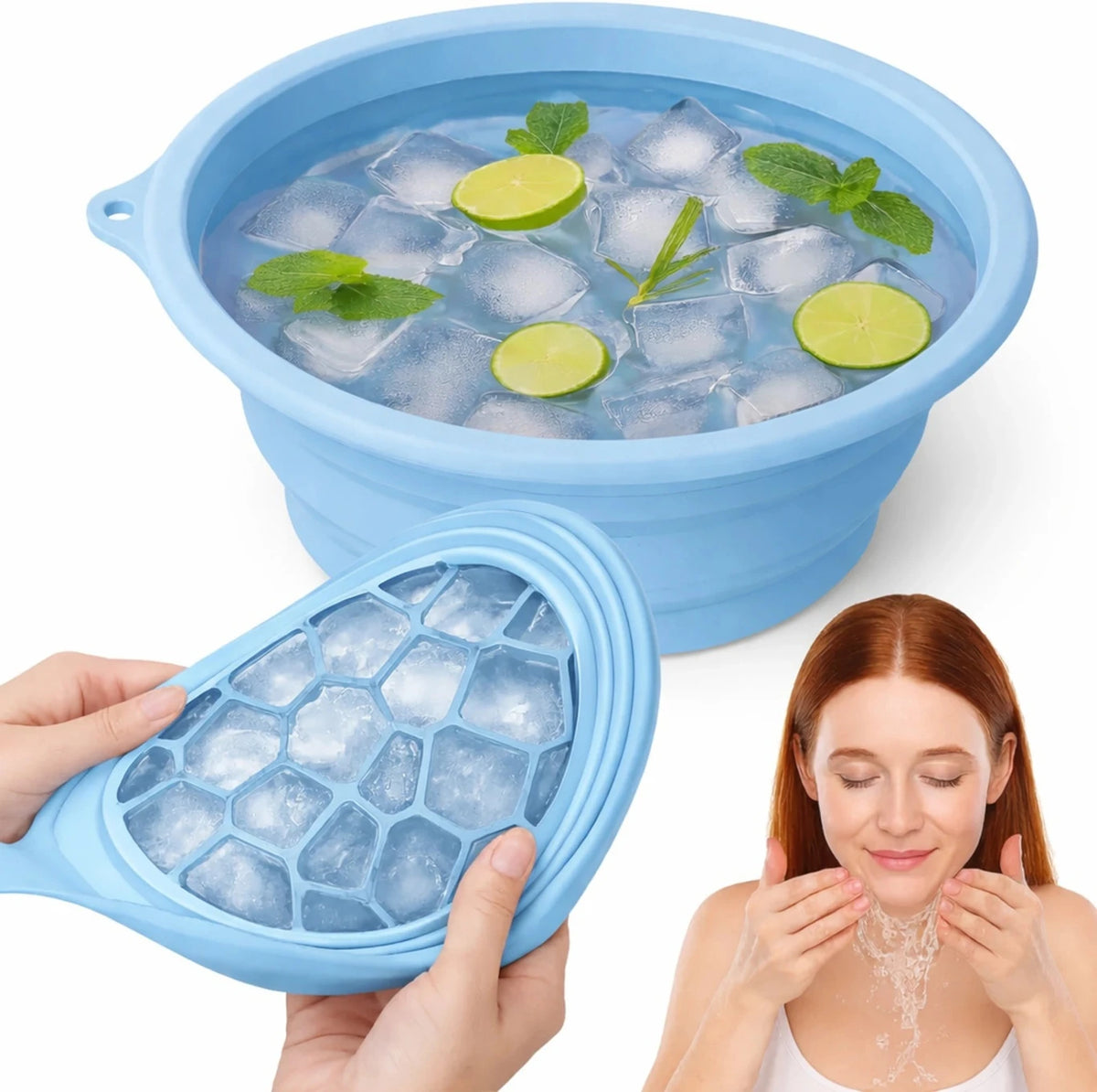 Foldable silicone facial ice bowls in blue, purple, and yellow arranged on a bathroom vanity counter.
