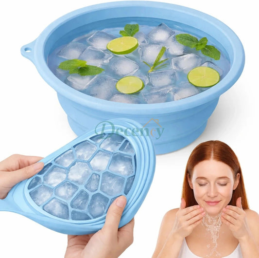 Foldable silicone facial ice bowls in blue, purple, and yellow arranged on a bathroom vanity counter.
