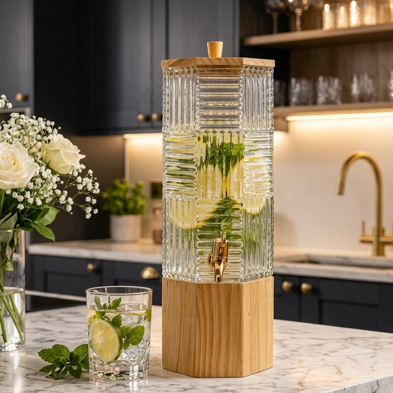 4.5L geometric ribbed glass beverage dispenser with wooden base and top lid filled with lemon and mint water