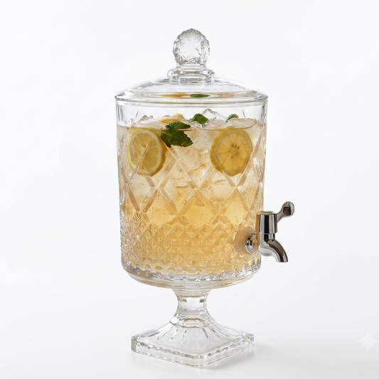 4.5L diamond cut glass beverage dispenser filled with iced lemon tea on dining table