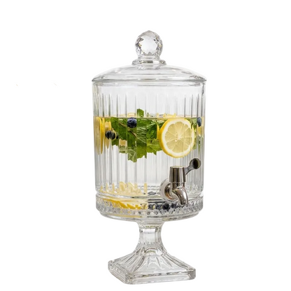 Transparent 4.5 liter drink dispenser with glass lid and pedestal base